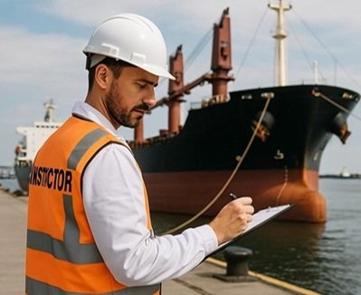 Inspector de ILC realizando inspección marítima, con overol blanco con líneas celestes/azules/naranjas, chaleco de seguridad naranja y casco blanco.